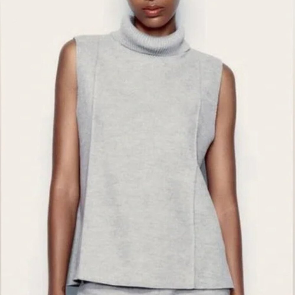 NWT Zara Sleeveless Turtleneck Soft Knit Sweater Light Gray